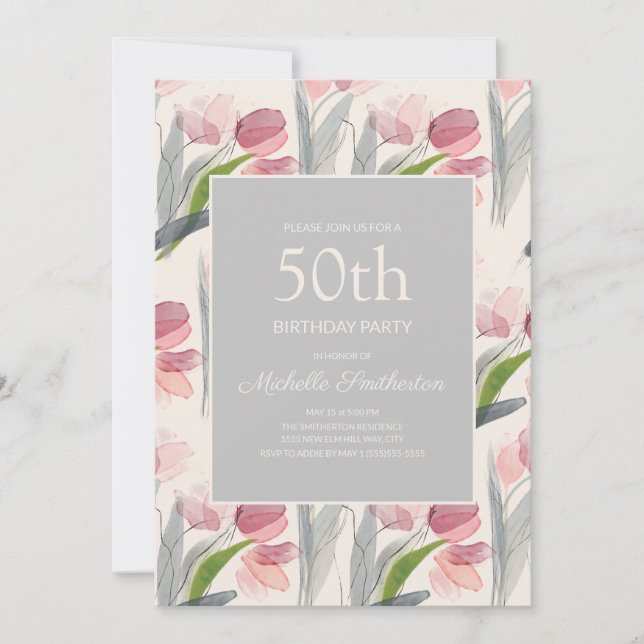Blush Pink Watercolor Flower Tulips 50th Birthday Invitation (Front)
