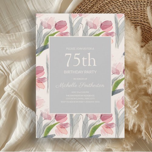 Blush Pink Watercolor Flower Tulips 75th Birthday Invitation