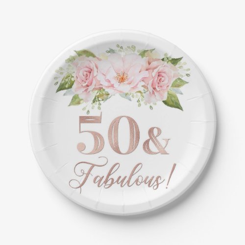 Blush Pink Watercolor Flowers 50th Birthday Party Paper Plates