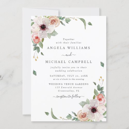 Blush Pink Watercolor Flowers Botanical Wedding Invitation