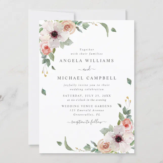 Blush Pink Watercolor Flowers Botanical Wedding Invitation | Zazzle