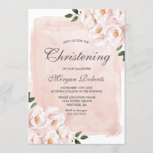 Blush Pink Watercolor Flowers Christening Baptism Invitation