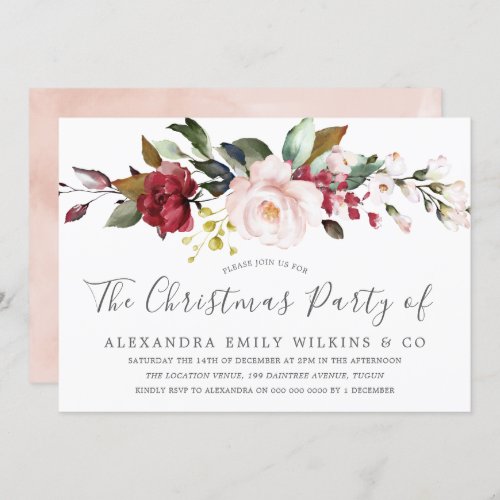 Blush Pink Watercolor Flowers Christmas Party Invitation