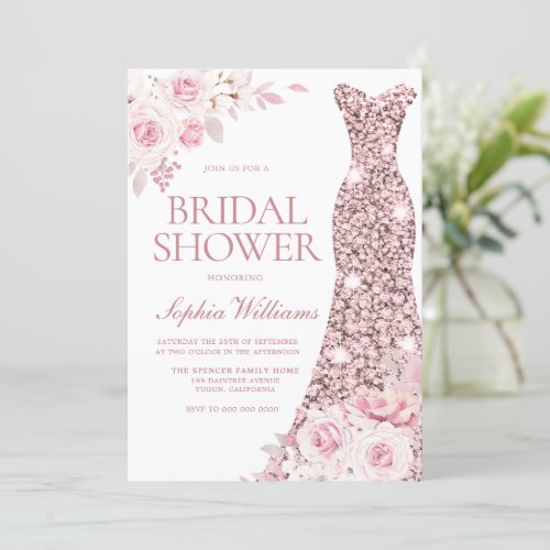 Blush Pink Watercolor Flowers Dress Bridal Shower Invitation