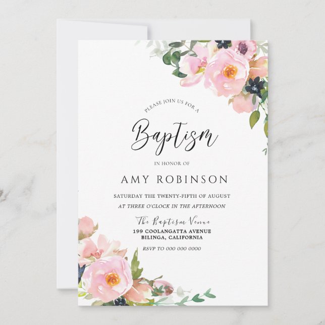 Blush Pink Watercolor Flowers Elegant Baptism Invitation (Front)