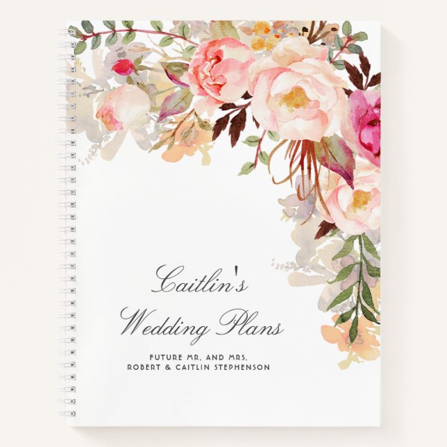 Blush Pink Watercolor Flowers Elegant Wedding Plan Notebook (Front)