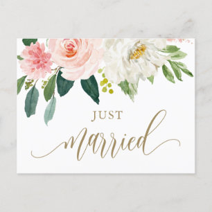 Blush Pink Watercolor Flowers Gold Just Married Postcard