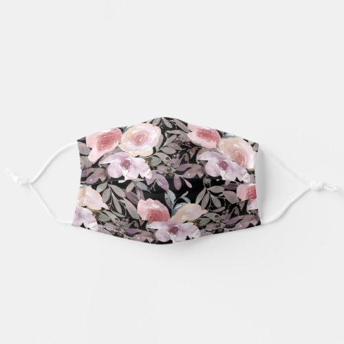Blush Pink Watercolor Flowers Green Leaves Black Adult Cloth Face Mask