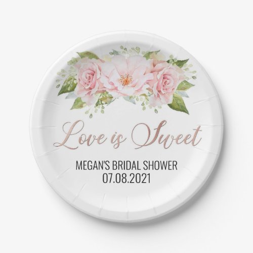 Blush Pink Watercolor Flowers Love is Sweet Paper Plates