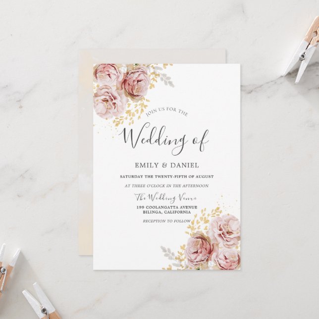 Blush Pink Watercolor Flowers Lovely Wedding Invitation (Front/Back In Situ)