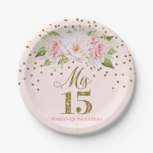 Blush Pink Watercolor Flowers Mis 15 Quinceanera Paper Plates