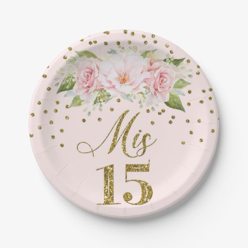 Blush Pink Watercolor Flowers Mis 15 Quinceanera Paper Plates