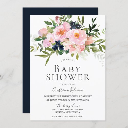 Blush Pink Watercolor Flowers  Navy Baby Shower Invitation