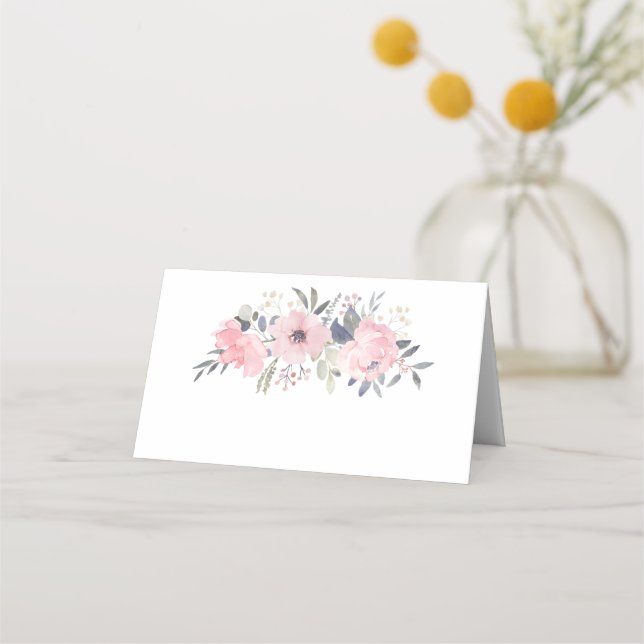 Blush Pink Watercolor Flowers on White | Place Card (Front)