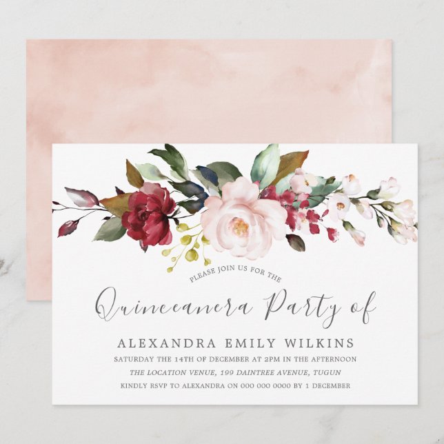 Blush Pink Watercolor Flowers Quinceanera Party Invitation (Front/Back)