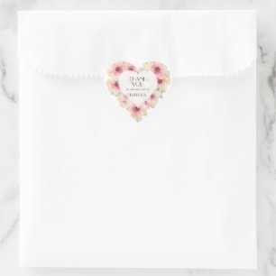 Blush Pink Watercolor Flowers Thank You Favor Heart Sticker