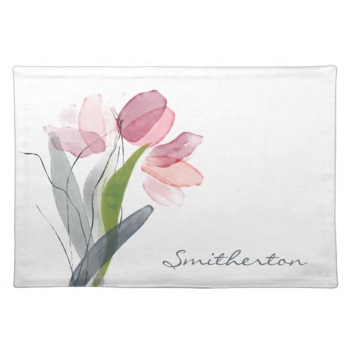 Blush Pink Watercolor Flowers Tulips White Cloth Placemat