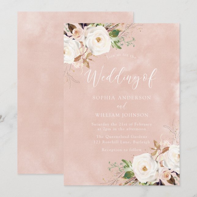 Blush Pink Watercolor Flowers Wedding Invitation (Front/Back)