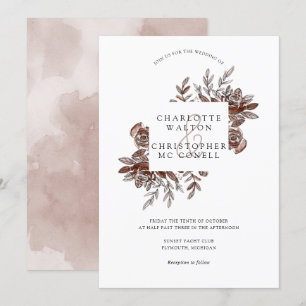 Blush pink watercolor flowers wedding invitation