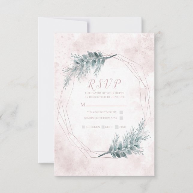 Blush Pink Watercolor Geometric Botanical RSVP (Front)