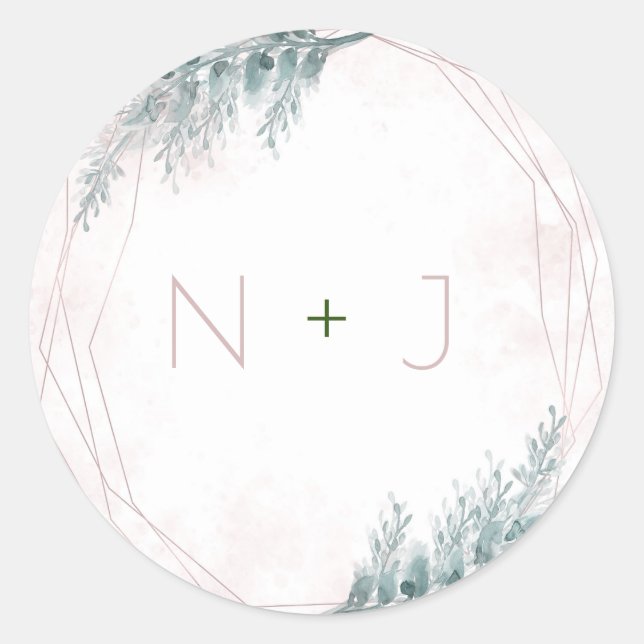 Blush Pink Watercolor Geometric Botanical Wedding Classic Round Sticker (Front)