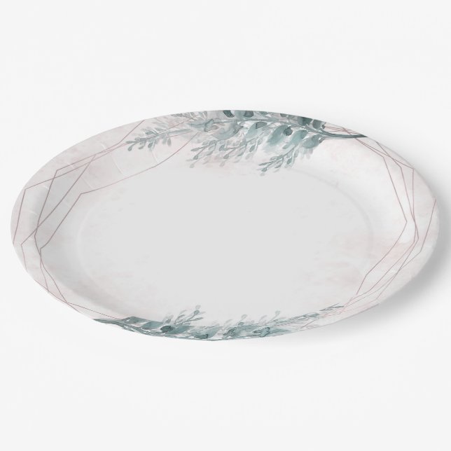 Blush Pink Watercolor Geometric Botanical Wedding Paper Plates (Angled)