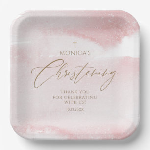 Blush Pink Watercolor Girl Christening Square Paper Plates