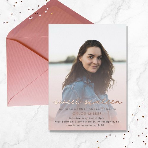 Blush Pink Watercolor Girly Sweet 16 Rose Gold Foil Invitation