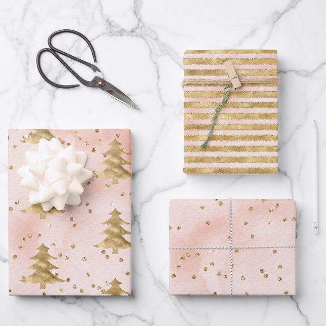 Blush Pink Watercolor Gold Christmas Tree   Wrapping Paper Sheets (Front)