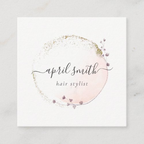 Blush Pink Watercolor Gold Circle Floral QR Code Square Business Card