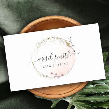 Blush Pink Watercolor Gold Circle Floral Wreath Business Card by DearBrand at Zazzle