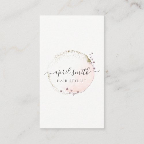 Blush Pink Watercolor Gold Circle Floral Wreath Business Card