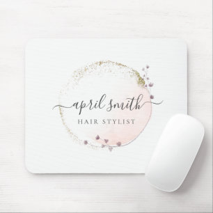 Blush Pink Watercolor Gold Circle Floral Wreath Mouse Pad