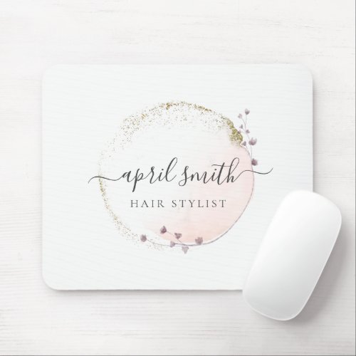 Blush Pink Watercolor Gold Circle Floral Wreath  Mouse Pad