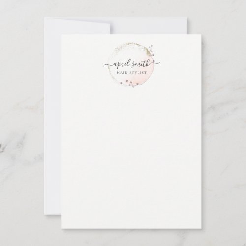 Blush Pink Watercolor Gold Circle Floral Wreath Note Card