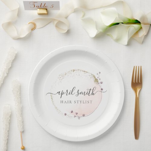 Blush Pink Watercolor Gold Circle Floral Wreath Paper Plates