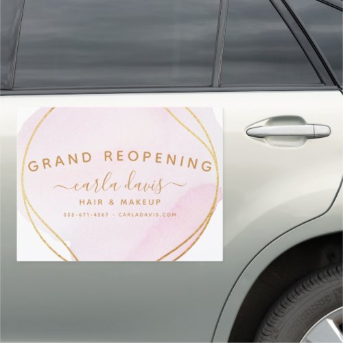 Blush Pink Watercolor Gold Circle Salon Reopening Car Magnet