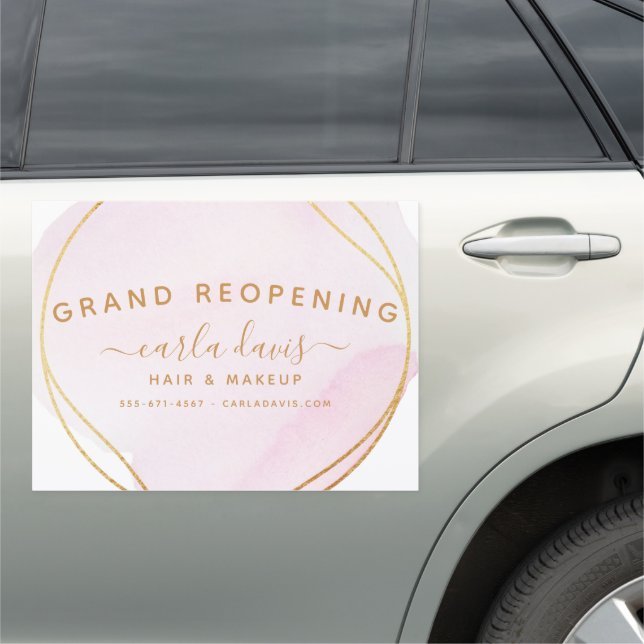 Blush Pink Watercolor Gold Circle Salon Reopening Car Magnet (In Situ)