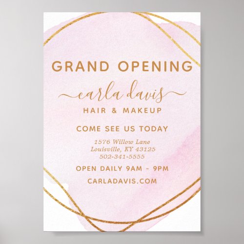 Blush Pink Watercolor Gold Circle Salon Reopening Poster