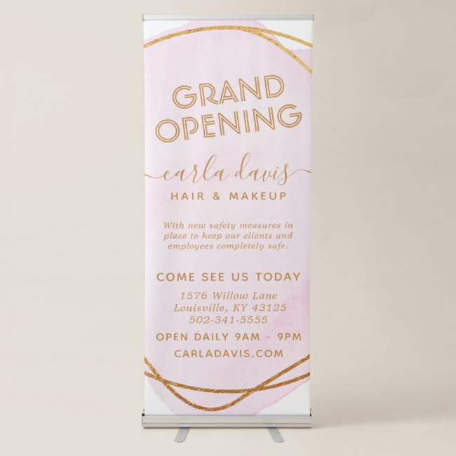 Blush Pink Watercolor Gold Circle Salon Reopening Retractable Banner