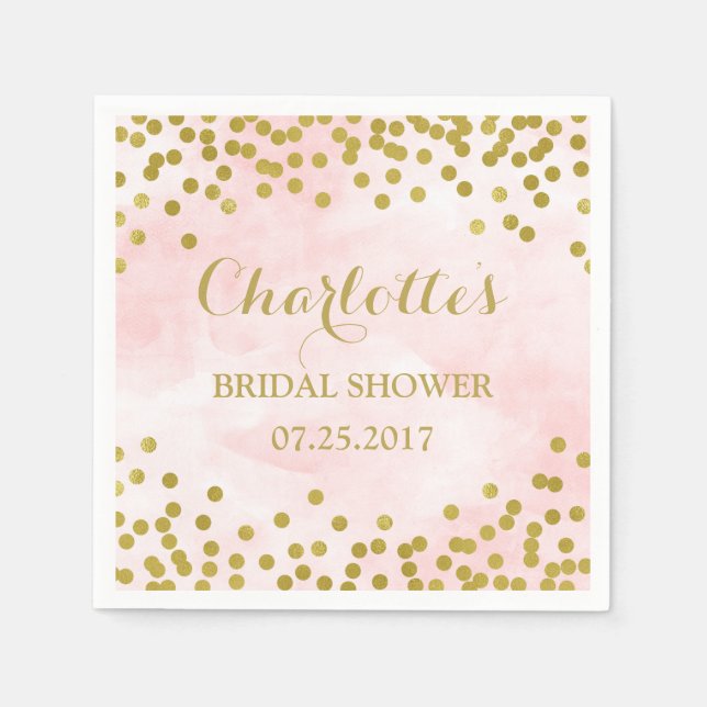 Blush Pink Watercolor Gold Confetti Bridal Shower Paper Napkins (Front)