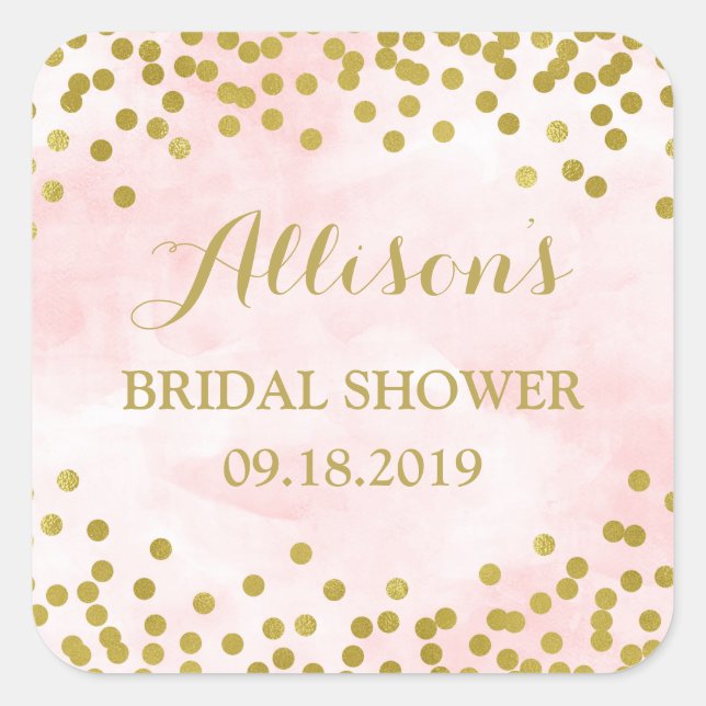 Blush Pink Watercolor Gold Confetti Bridal Shower Square Sticker (Front)
