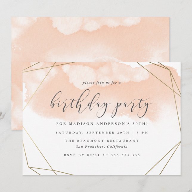 Blush Pink Watercolor Gold Geometric Birthday Invitation (Front/Back)