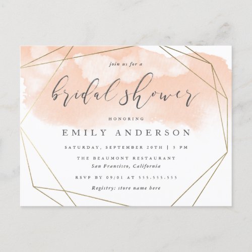 Blush Pink Watercolor Gold Geometric Bridal Shower Invitation Postcard