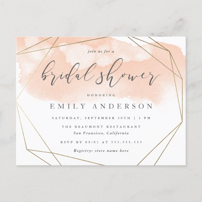 Blush Pink Watercolor Gold Geometric Bridal Shower Invitation Postcard (Front)