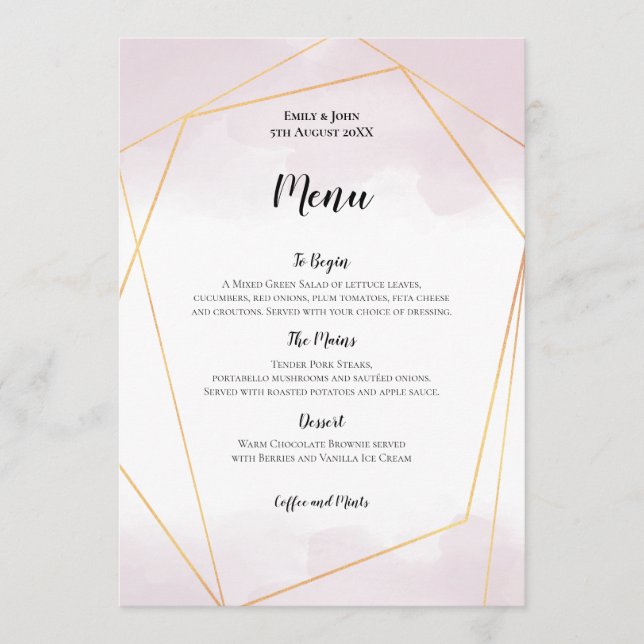 Blush Pink Watercolor Gold Geometric Wedding Menu (Front)