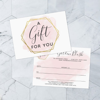 Blush Pink Watercolor & Gold Gift Certificate Card by CyanSkyDesign at Zazzle