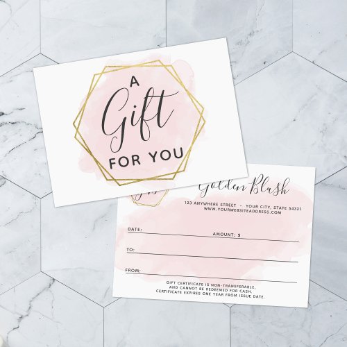 Blush Pink Watercolor  Gold Gift Certificate Card