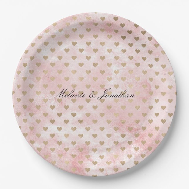 Blush Pink Watercolor Gold Hearts Paper Plates (Front)