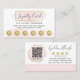 Blush Pink Watercolor Gold Loyalty Punch Stamp QR Business Card